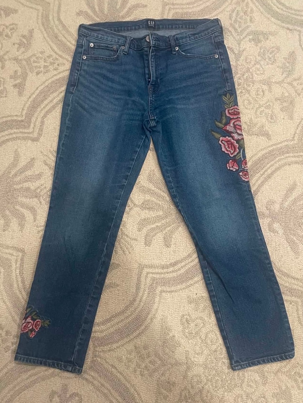 GAP Dark Blue Straight Leg Jeans with Pink Floral Embroidery